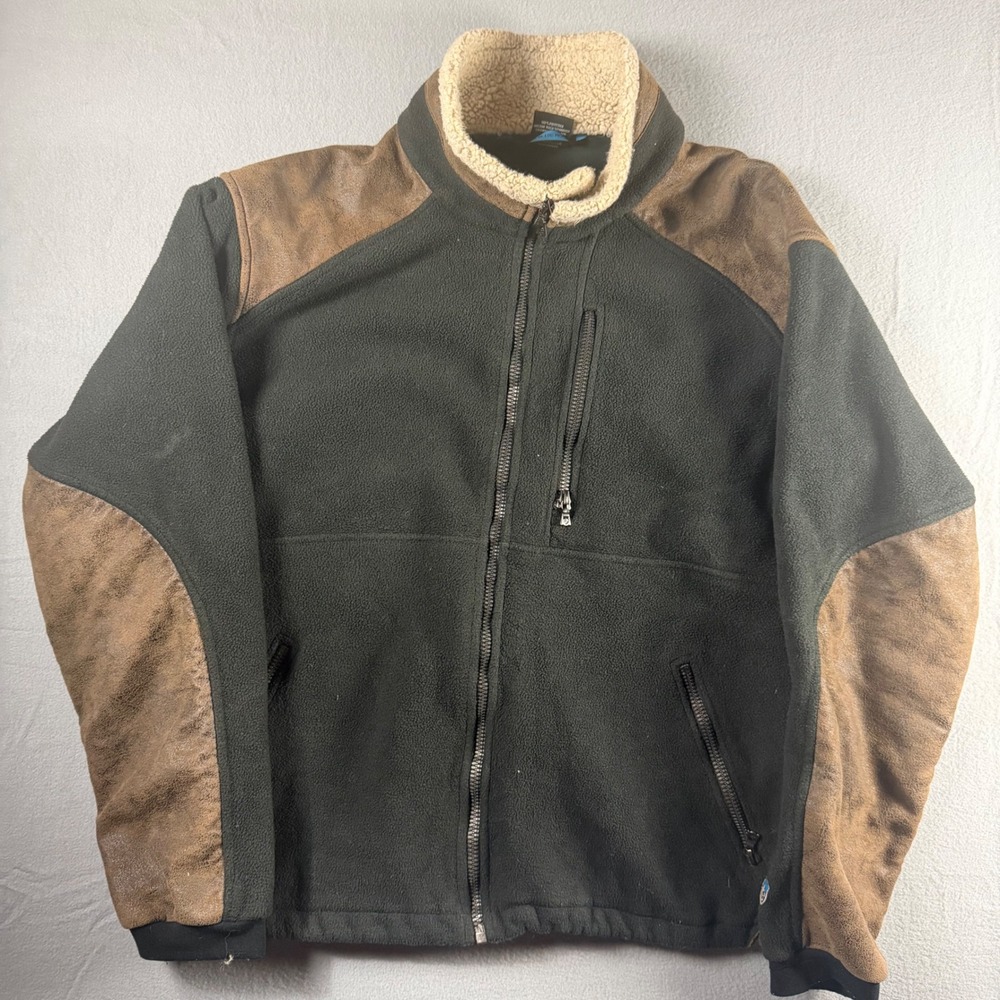 Kuhl Mens Fleece Full Zip Jacket Sherpa Collar Faux Suede Trim Black Brown L